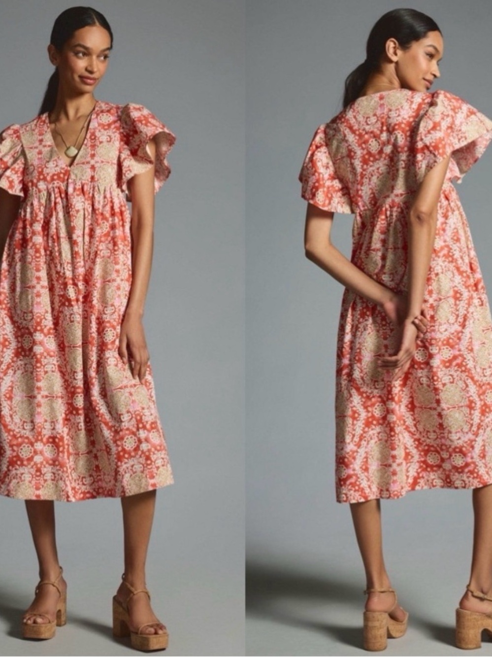 Anthropologie Maeve Printed Flutter-Sleeve Babydoll Dress